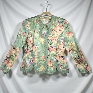 VTG Nah Nah Collection Blazer Jacket Women's Size 14 Floral Lace Trim Mint Green